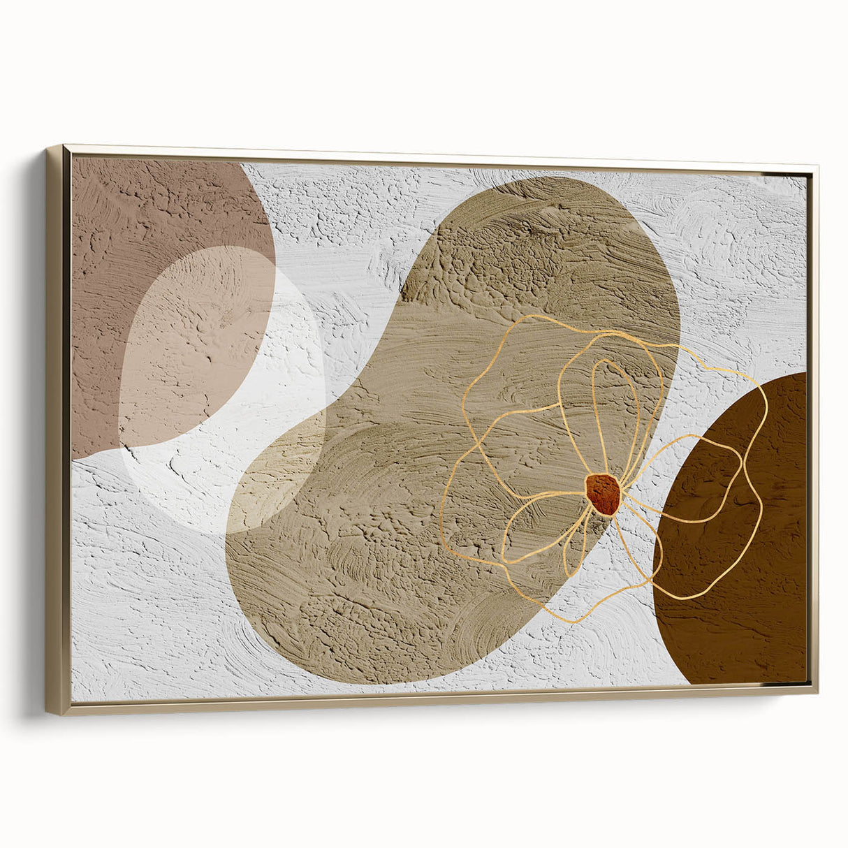 Framed canvas wall art showcasing an abstract design of gold strokes and lines, set against a white background, ideal for modern home decor. The piece adds elegance and sophistication to any room.