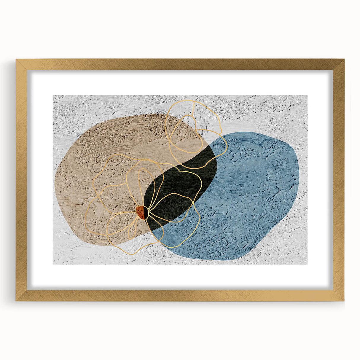 Abstract strokes and lines design framed wall art in gold matting, showcasing modern artistic style with vibrant colors, ideal for contemporary home decor.