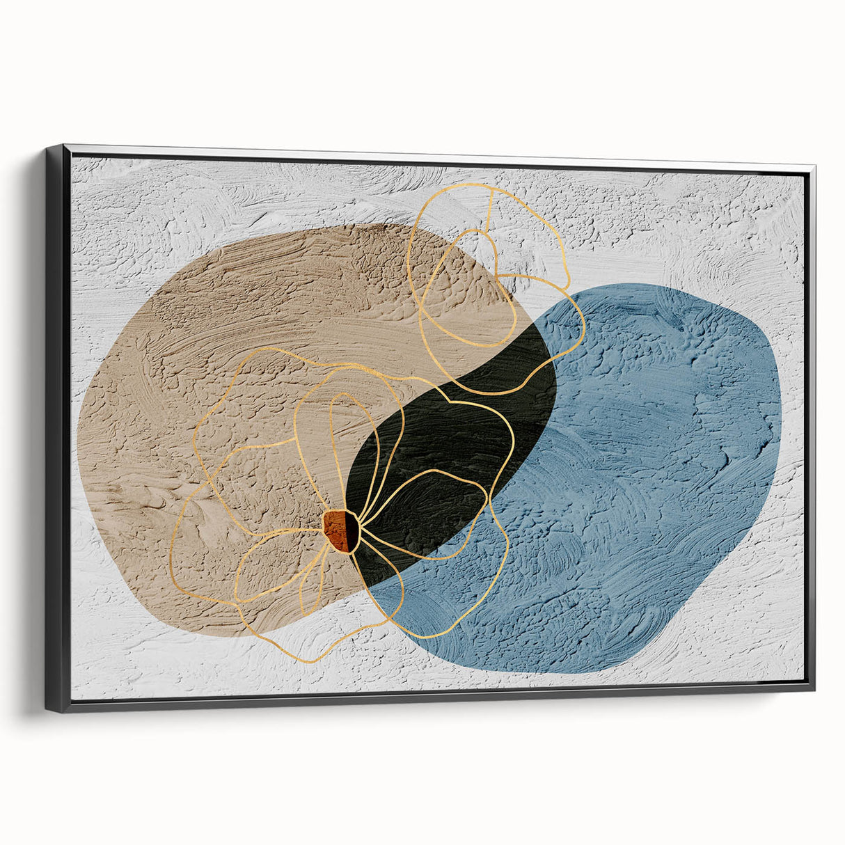 Framed canvas wall art showcasing an abstract design of colorful strokes and lines against a black background, perfect for modern home decor.