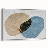 Framed canvas art showcasing an abstract design with colorful strokes and lines, set against a white background, ideal for modern home decor.