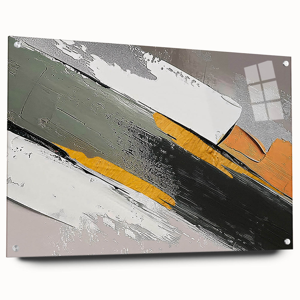 Abstract design featuring colorful strokes and lines on acrylic glass, showcasing a modern wall art piece with a side view, elegantly pinned for display. This vibrant artwork enhances contemporary decor with its striking visual appeal and fluid shapes.