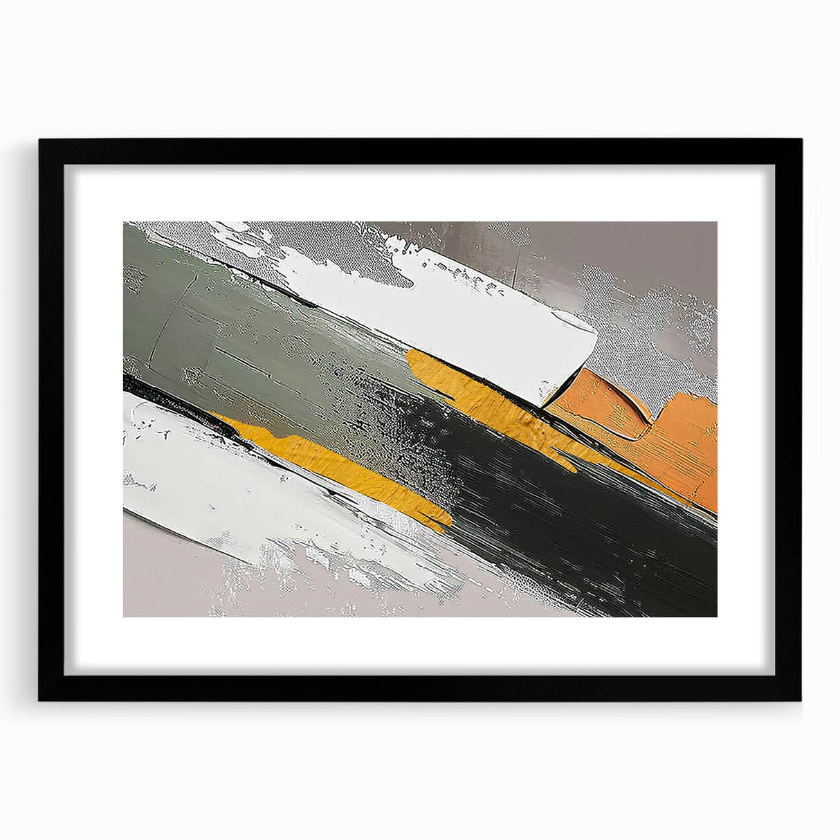 Abstract wall art featuring a collection of colorful strokes and lines, framed with a black mat, ideal for modern home decor and artistic interior design.
