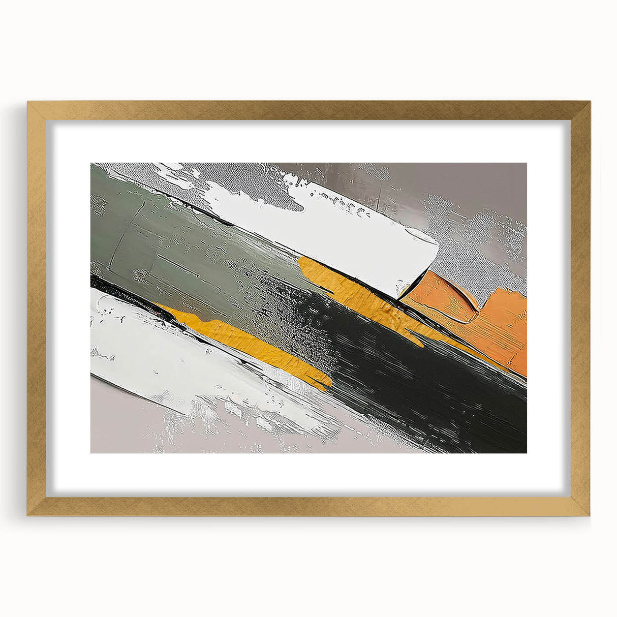 Abstract wall art featuring a dynamic design of colorful strokes and lines in a stylish gold frame with a mat. Ideal for modern home decor or office spaces.