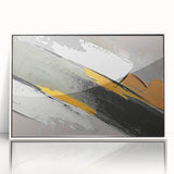 Framed abstract wall art featuring dynamic strokes and lines in neutral tones, with a sleek white frame, perfect for modern home decor aesthetics.