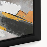 Close-up of a modern abstract wall art piece featuring vibrant strokes and lines in shades of blue, orange, and gold, elegantly framed for a contemporary decor style. This artwork adds a dynamic touch to any living space or office, emphasizing creativity and artistic expression.