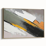 Framed wall art featuring an abstract design of gold strokes and lines on a minimalist canvas, showcasing a modern aesthetic perfect for contemporary decor.