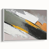 Framed canvas artwork showcasing an abstract design with vibrant strokes and lines in shades of blue, pink, and gold, set against a sleek white background, perfect for modern home decor.