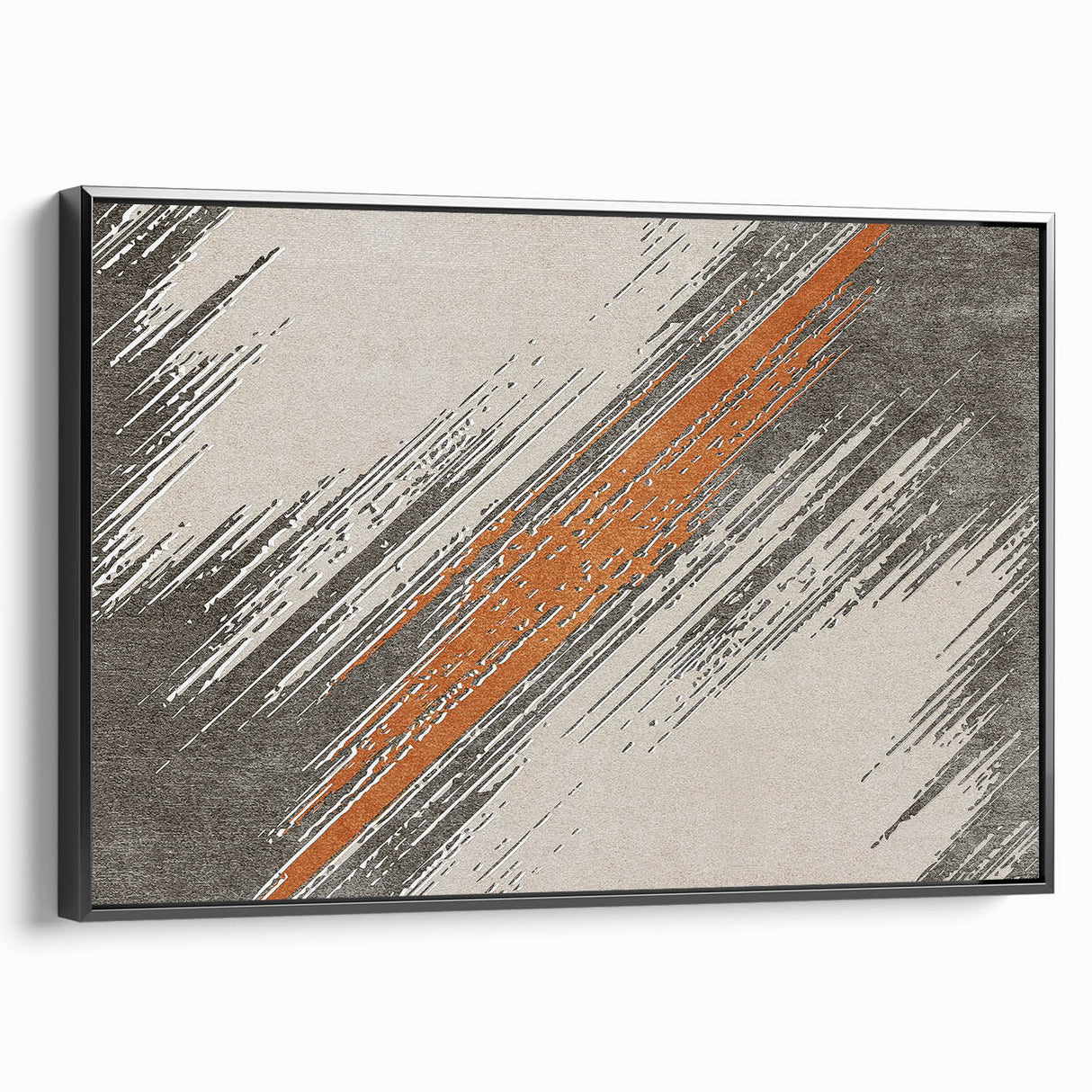 Framed wall art featuring an abstract design of strokes and lines in black and white, showcasing a modern aesthetic with a sleek side view, ideal for contemporary decor.