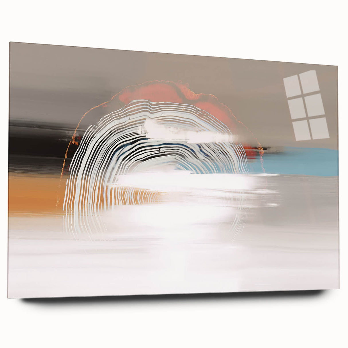 Abstract wall art featuring vibrant strokes and lines in shades of blue, yellow, and pink, displayed in a sleek acrylic glass frame from the 680 collection.