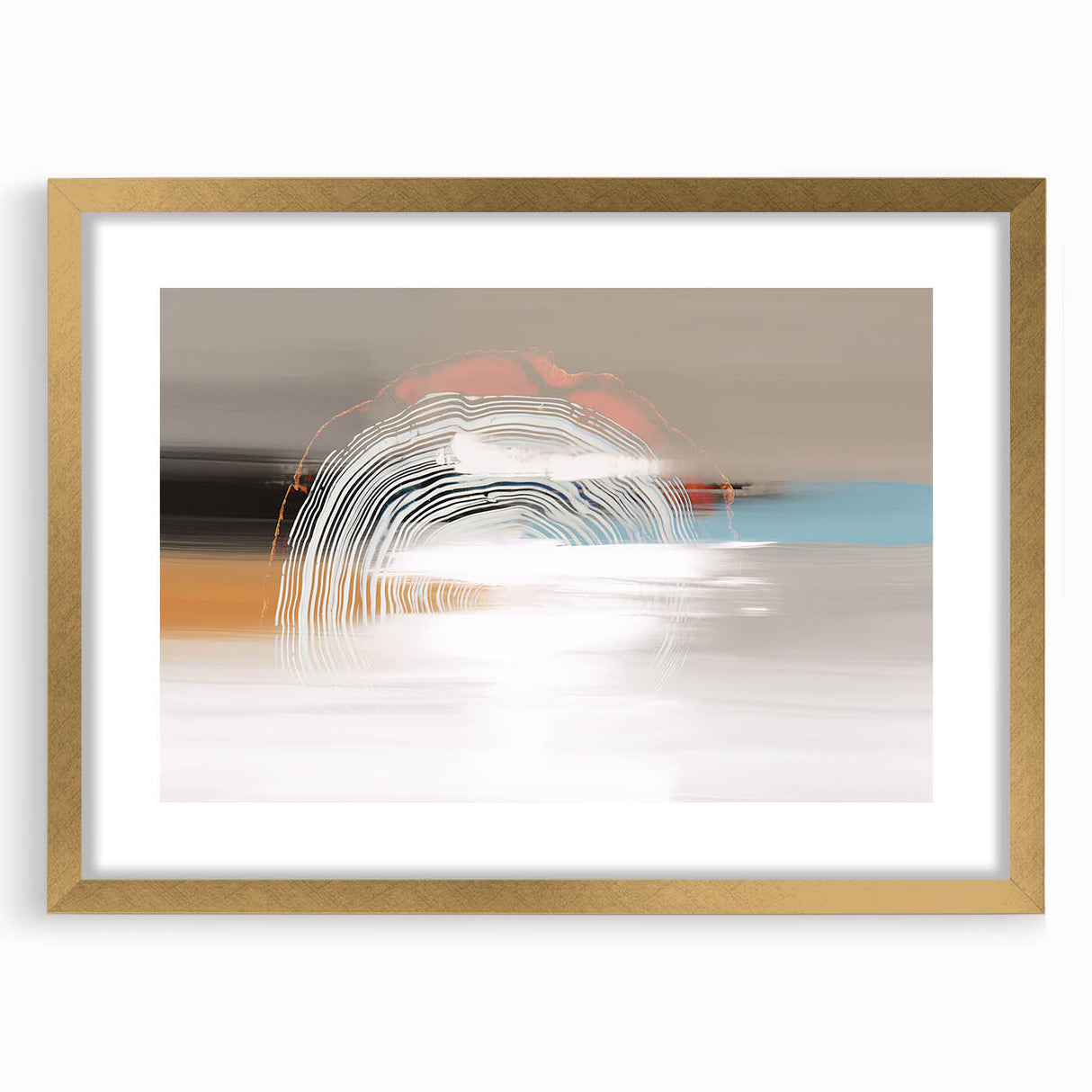 Abstract wall art featuring dynamic strokes and lines in a blend of gold and neutral tones, framed elegantly with a matte finish, ideal for modern decor.