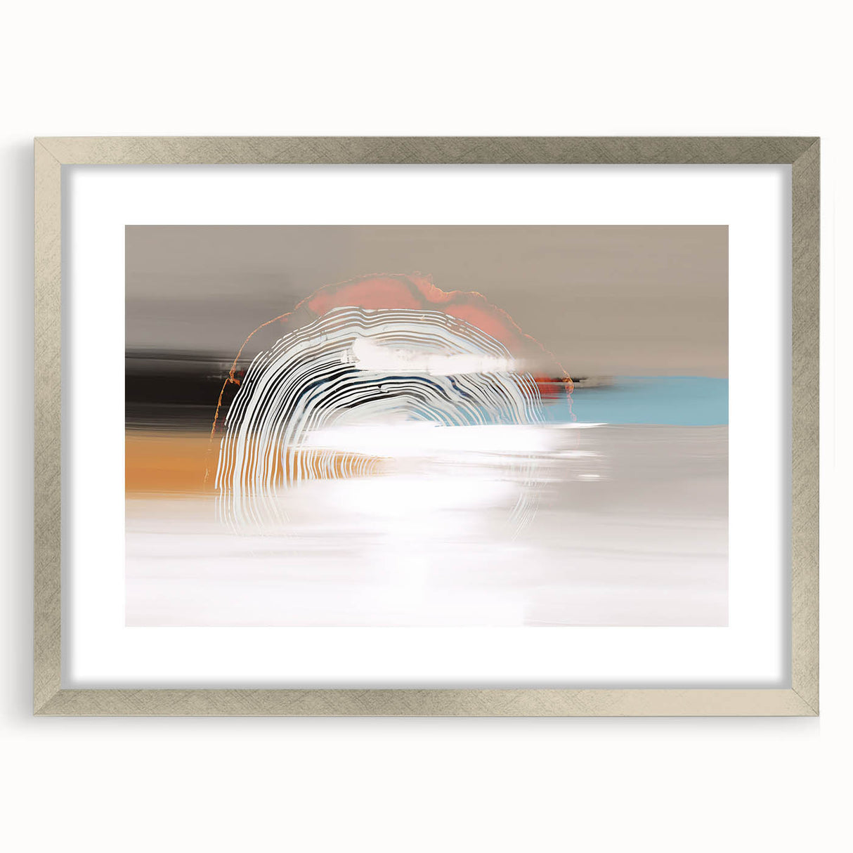 Abstract strokes and lines design wall art in a silver frame with a mat, showcasing a modern aesthetic perfect for contemporary decor. Ideal for living spaces.