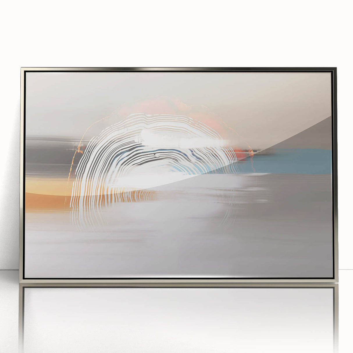 Framed wall art featuring an abstract design of vibrant strokes and lines in shades of blue, silver, and coral, perfect for modern home decor.