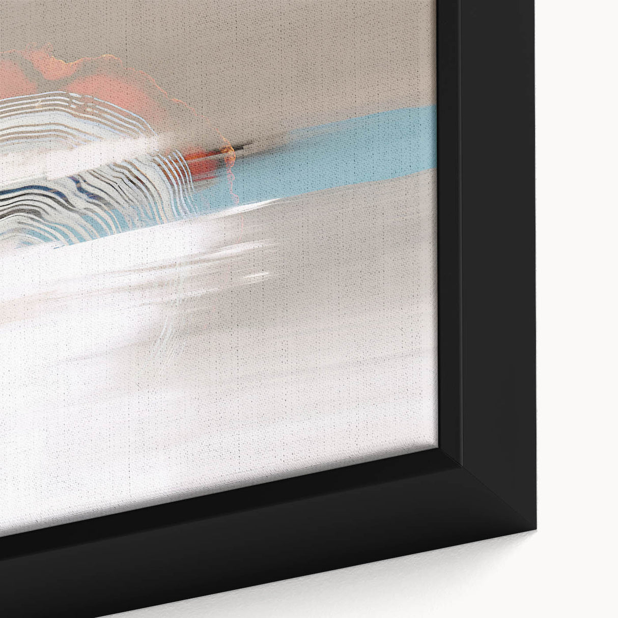 Close-up of framed abstract wall art with vibrant strokes and lines in shades of blue, orange, and black, showcasing a modern aesthetic for home decor.