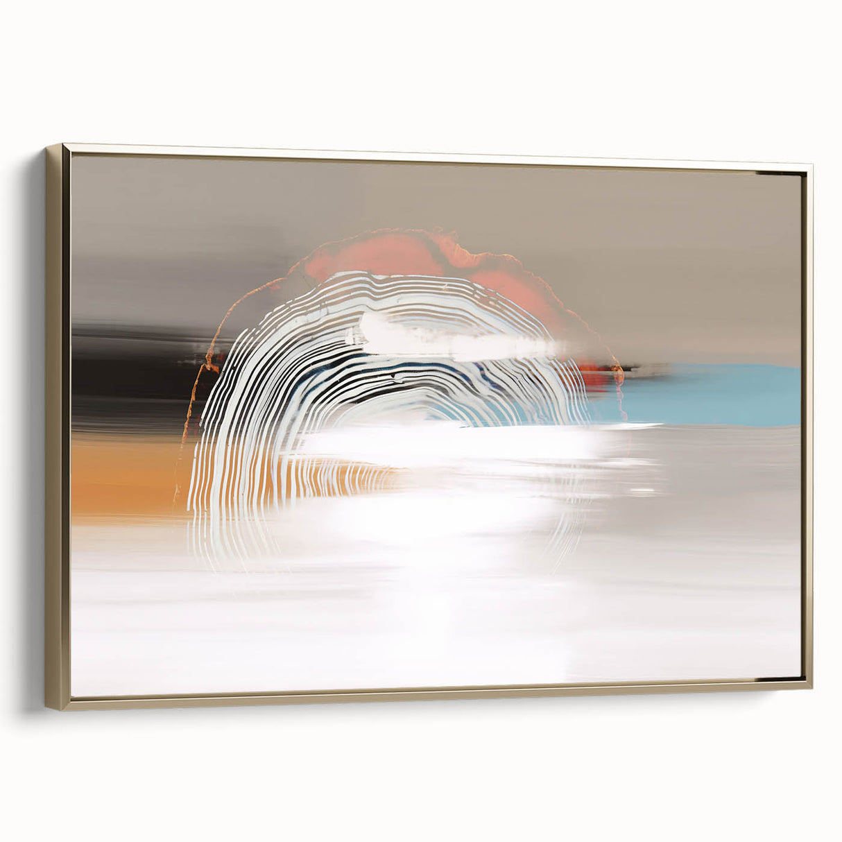 Framed wall art showcasing an abstract design of overlapping strokes and lines in gold tones, set against a neutral background, perfect for modern decor.