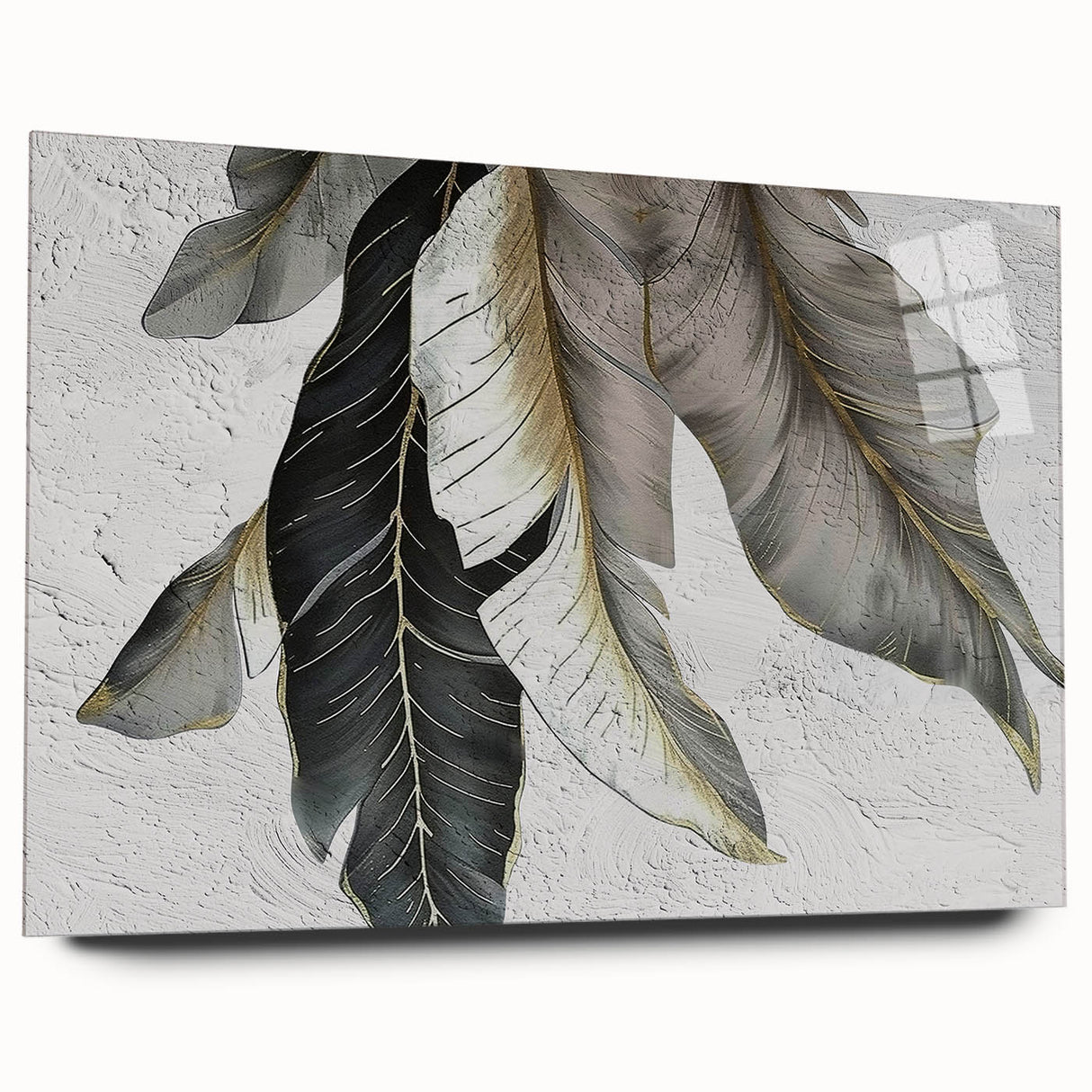 Acrylic glass wall art featuring an abstract design of colorful strokes and lines, displayed in a side view without pins, perfect for modern home decor.