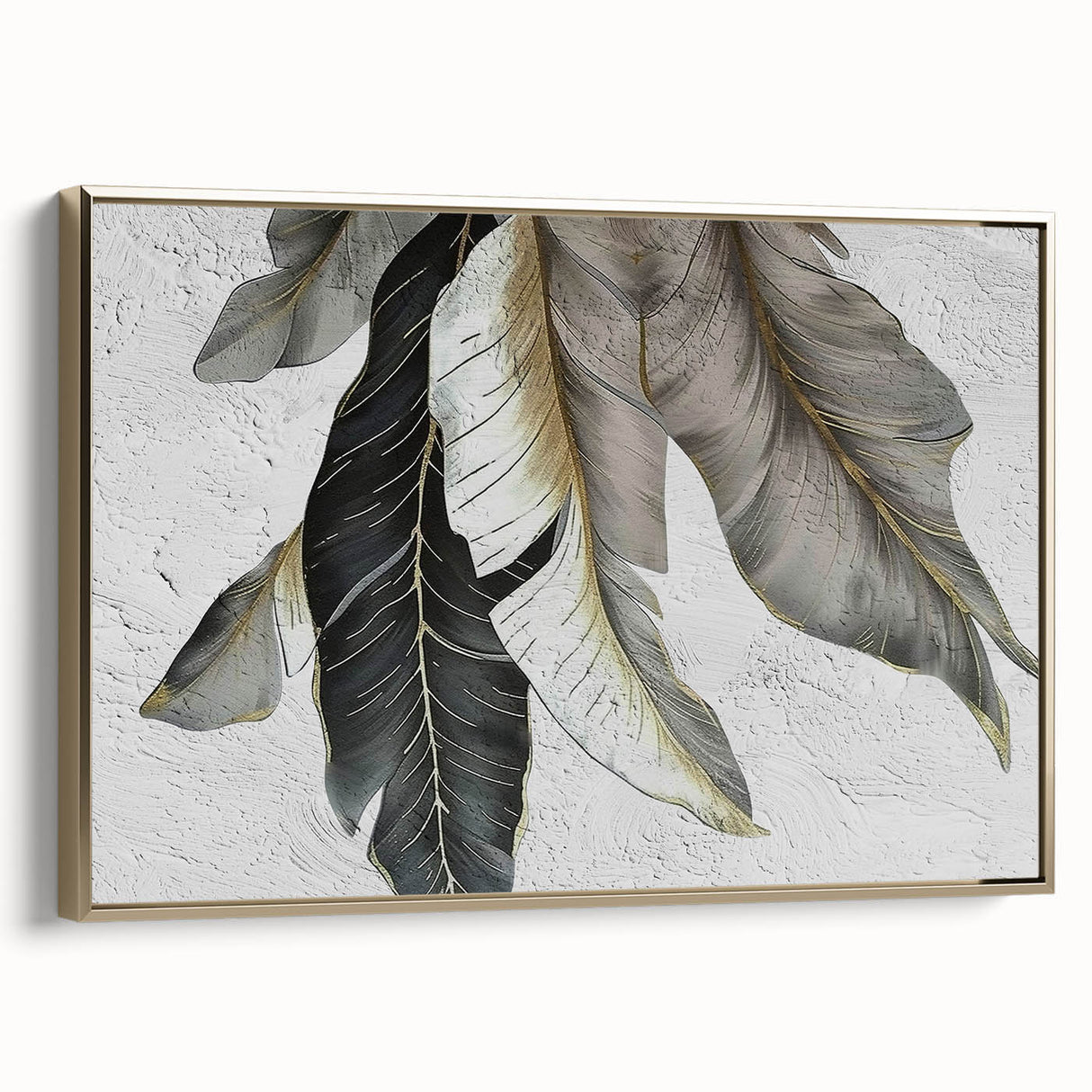 Framed canvas wall art showcasing a contemporary abstract design with elegant gold strokes and lines, ideal for modern home decor and artistic interiors.