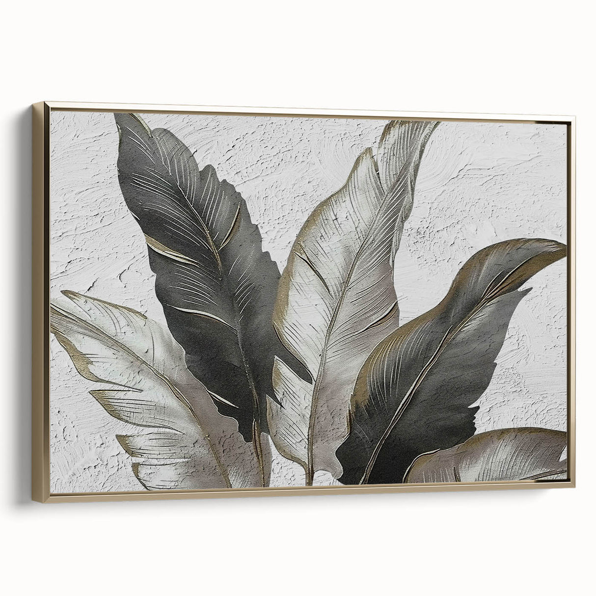 Framed wall art featuring an abstract design of strokes and lines in gold tones. The piece showcases a modern aesthetic, perfect for contemporary decor, highlighting its elegant side view. Ideal for enhancing living spaces or offices.