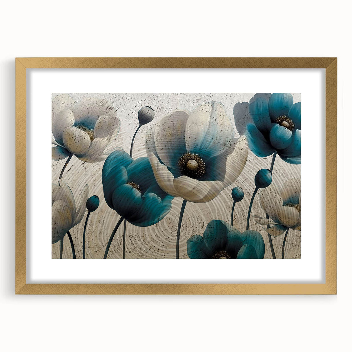 Abstract wall art featuring a modern design of colorful strokes and lines, framed in gold with a mat, ideal for contemporary home decor. Perfect for adding a touch of elegance to living spaces.