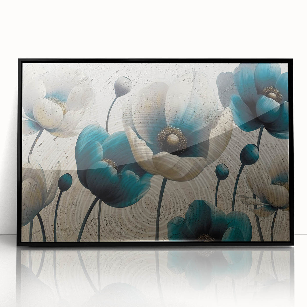 Framed abstract wall art featuring dynamic strokes and lines in black and white, set against a sleek acrylic background, perfect for modern home decor.