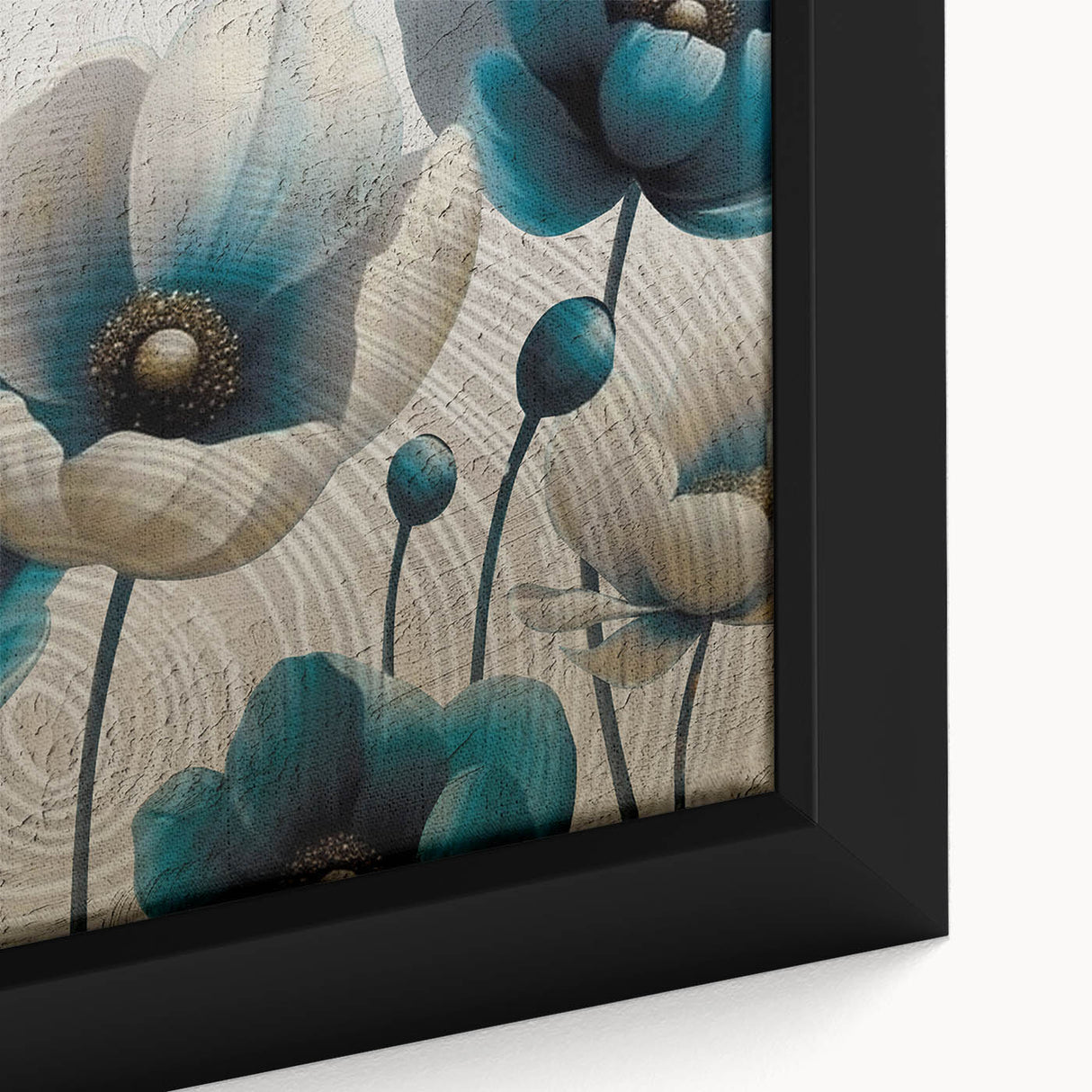 Close-up of a framed canvas art piece showcasing an abstract design with colorful strokes and lines, perfect for modern home decor. The vibrant artwork adds a contemporary touch to any room.