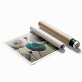 Abstract wall art print featuring vibrant strokes and lines in shades of blue, orange, and yellow, perfect for modern home decor or office settings. This rolled canvas design adds a contemporary touch to any space, enhancing aesthetic appeal.