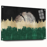 Abstract wall art featuring colorful strokes and lines in a modern design, presented in a side view showcasing the acrylic glass framing and mounting pins.