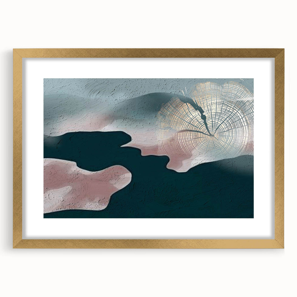 Abstract wall art featuring vibrant strokes and lines in a gold frame, elegantly matted, showcasing contemporary design perfect for modern decor.