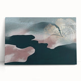 Abstract wall art featuring vibrant strokes and lines in shades of blue, orange, and gold on a stretched canvas, leaning against a neutral background. This modern design adds a contemporary flair to any interior space.