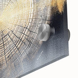 Abstract wall art featuring vibrant strokes and dynamic lines in shades of blue, orange, and yellow, displayed in a modern acrylic glass frame for contemporary decor.