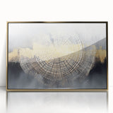 Abstract wall art featuring bold strokes and lines in shades of gold and black, elegantly framed with a sleek acrylic front, perfect for modern decor.
