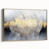 Framed canvas wall art featuring an abstract design of gold strokes and lines, showcasing a modern aesthetic ideal for contemporary decor, viewed from the side.