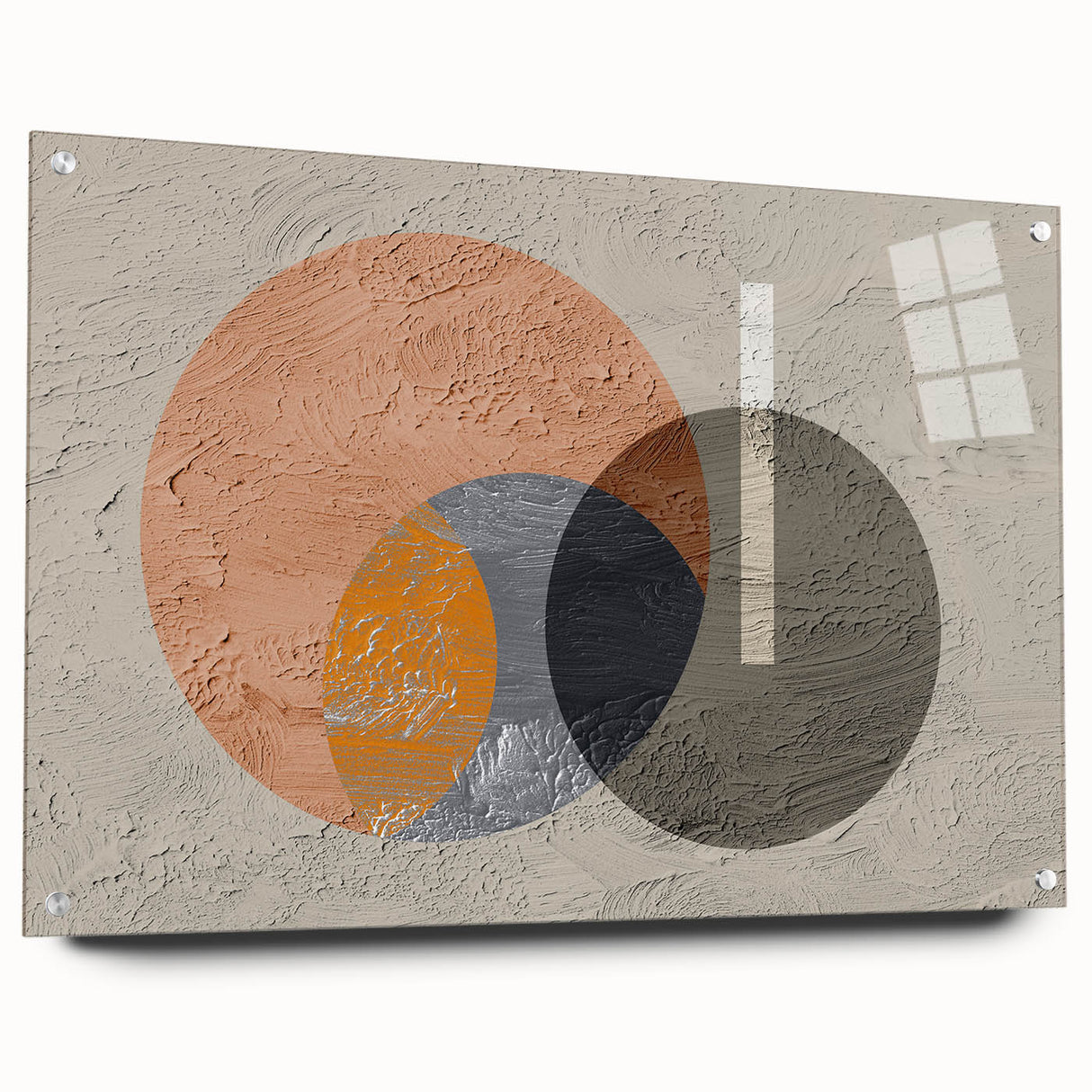 Abstract wall art featuring intricate strokes and lines in a modern design, displayed in an acrylic glass frame, side view showcasing mounting pins. Perfect for contemporary decor, enhancing any space with vibrant artistic expression.