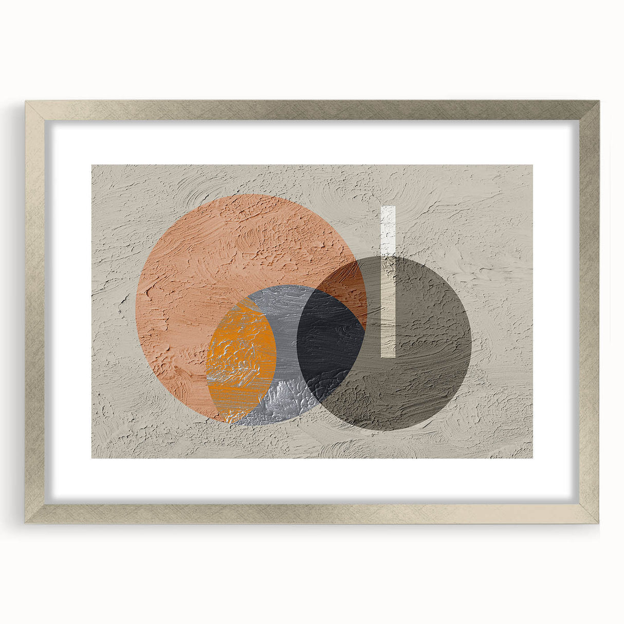 Abstract wall art with colorful strokes and lines, framed in a silver mat, showcasing a modern design perfect for home decor. Ideal for contemporary interiors.
