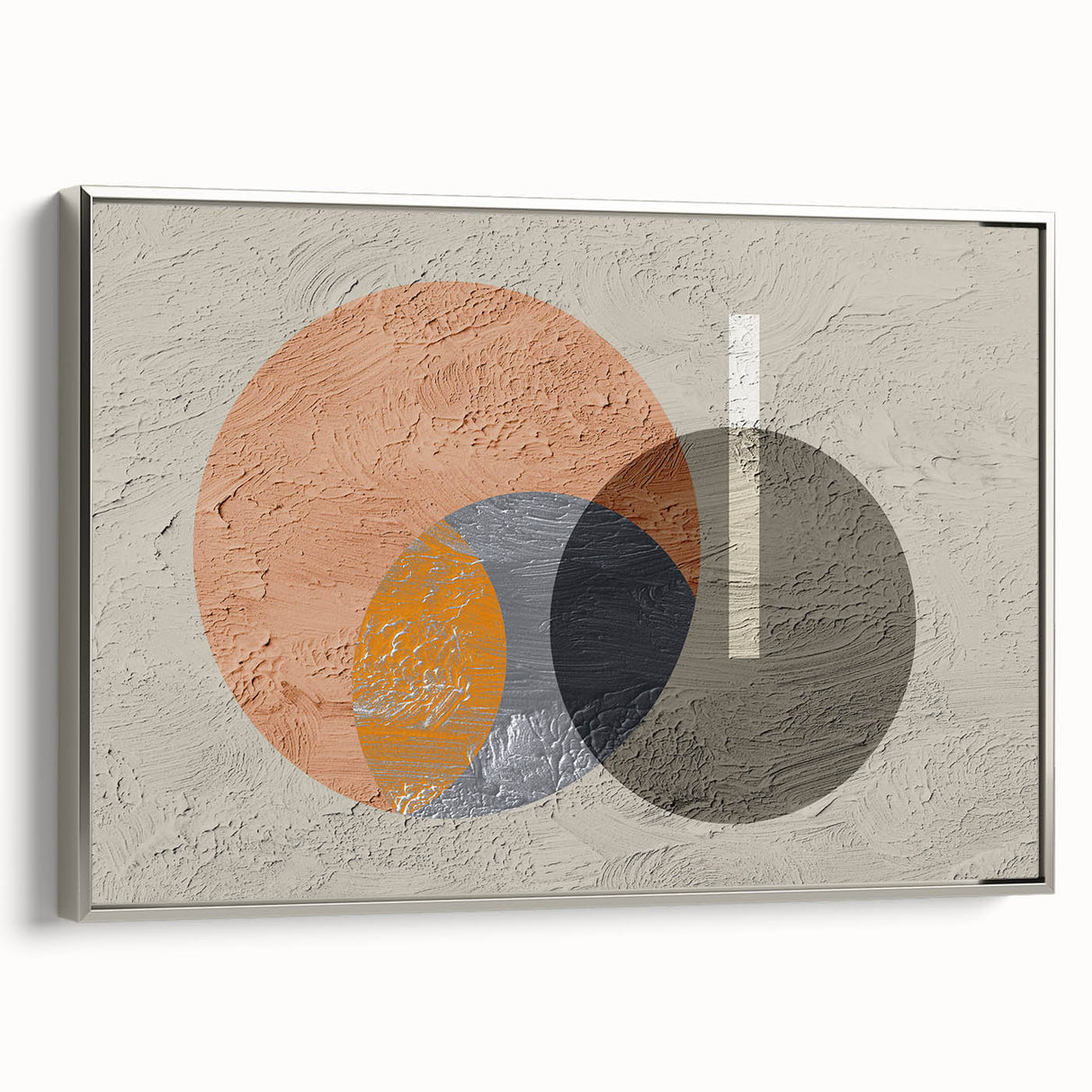 Framed canvas wall art showcasing an abstract design of intertwined strokes and lines in silver tones, perfect for modern decor, viewed from the side.