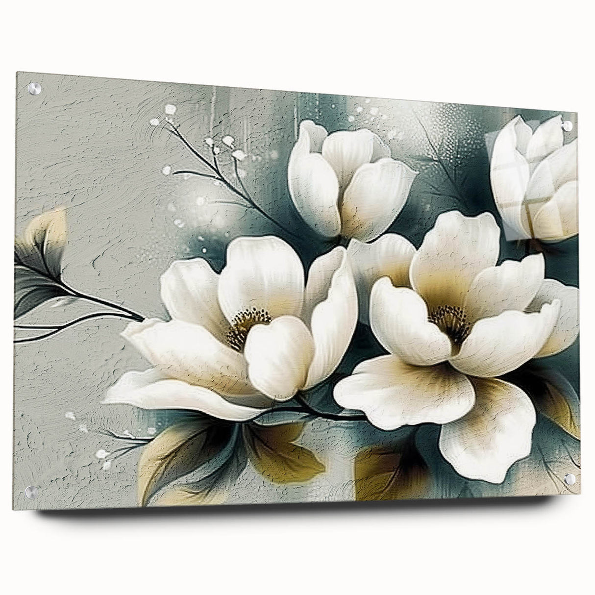 Acrylic glass wall art featuring an abstract design of colorful strokes and lines, displayed from the side with visible pins, perfect for modern decor.