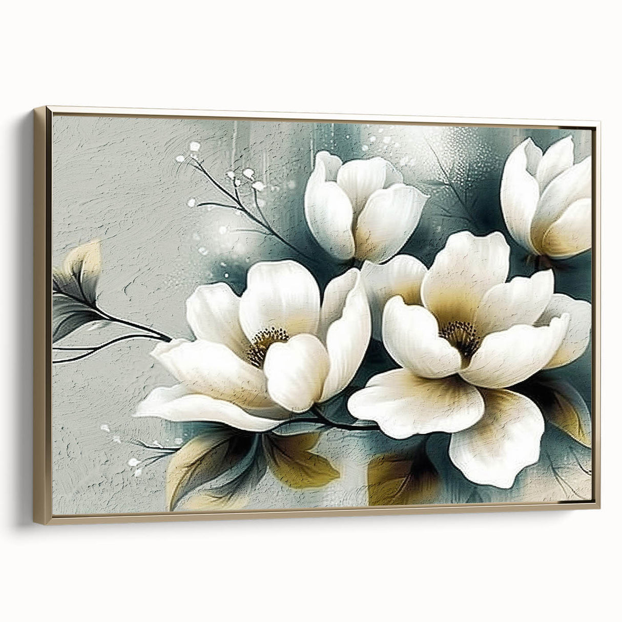 Framed canvas wall art showcasing abstract strokes and lines in shades of gold and white, adding a modern touch to home decor. Perfect for contemporary interiors.
