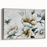 Framed wall art featuring an abstract design of strokes and lines in silver hues, showcasing a modern aesthetic ideal for contemporary decor. The artwork is elegantly displayed from a side view, emphasizing its sleek frame and minimalist style, perfect for enhancing living spaces.