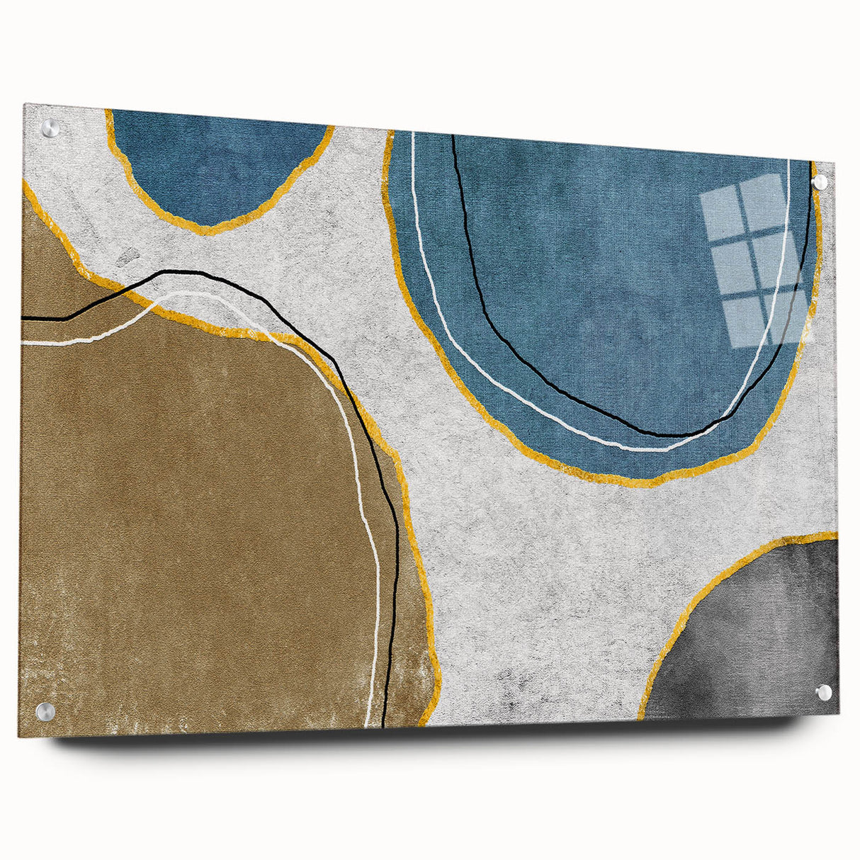Abstract art piece showcasing dynamic strokes and lines in vibrant colors, framed in acrylic glass, with a side view revealing pin attachments for secure display. This contemporary wall art enhances modern decor with its striking design and bold aesthetic.