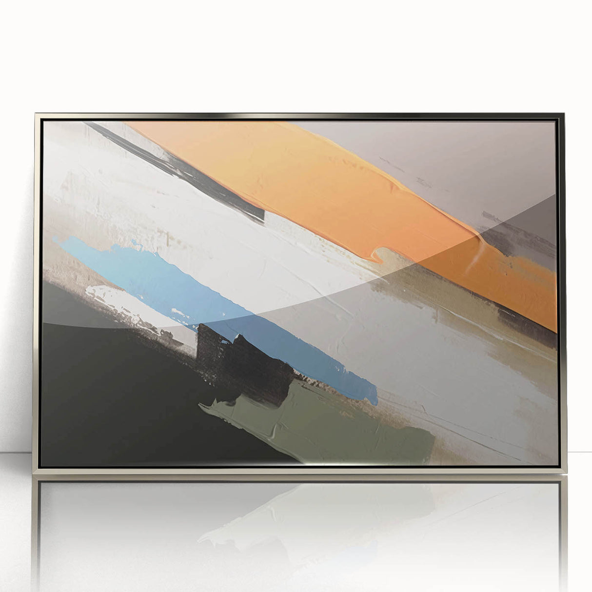 Framed wall art showcasing an abstract design with dynamic strokes and lines in silver and grey tones, perfect for modern decor. Ideal for enhancing living spaces.