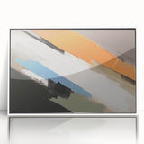 Framed wall art displaying an abstract design of colorful strokes and lines, featuring a sleek white frame, perfect for modern home decor accents.