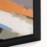 Close-up of an abstract wall art piece showcasing vibrant strokes and lines in shades of blue, orange, and yellow, framed for an elegant display. Ideal for modern home decor.