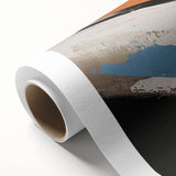 Abstract wall art featuring colorful strokes and lines in vibrant hues of blue, orange, and yellow, ideal for modern home decor, displayed on a rolled canvas.