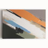 Abstract wall art design featuring vibrant strokes and lines in shades of blue, orange, and yellow, showcased on a stretched canvas with a modern aesthetic. Perfect for contemporary home decor, this artwork adds a dynamic touch to any space.
