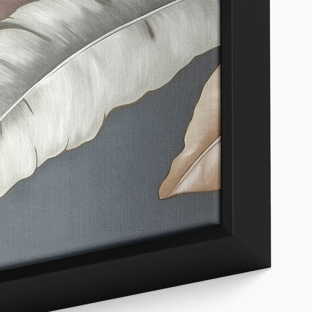 Close-up of a framed canvas wall art piece showcasing an abstract design with vibrant strokes and lines in shades of blue, orange, and gold, ideal for modern decor.