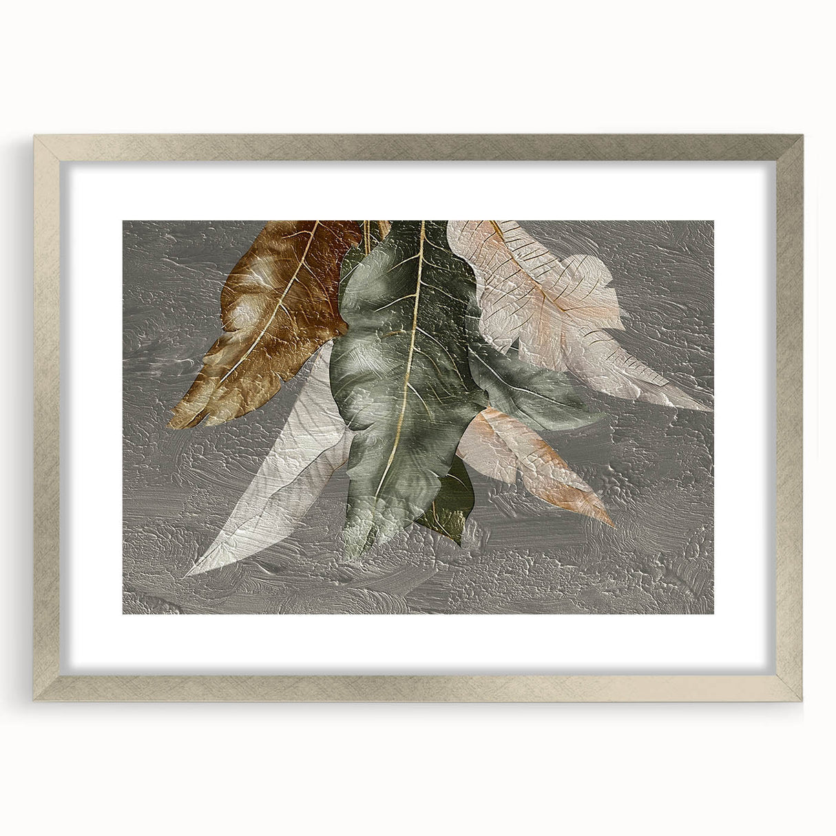 Abstract wall art design featuring dynamic strokes and lines in muted tones, framed with a silver mat, perfect for modern home decor.