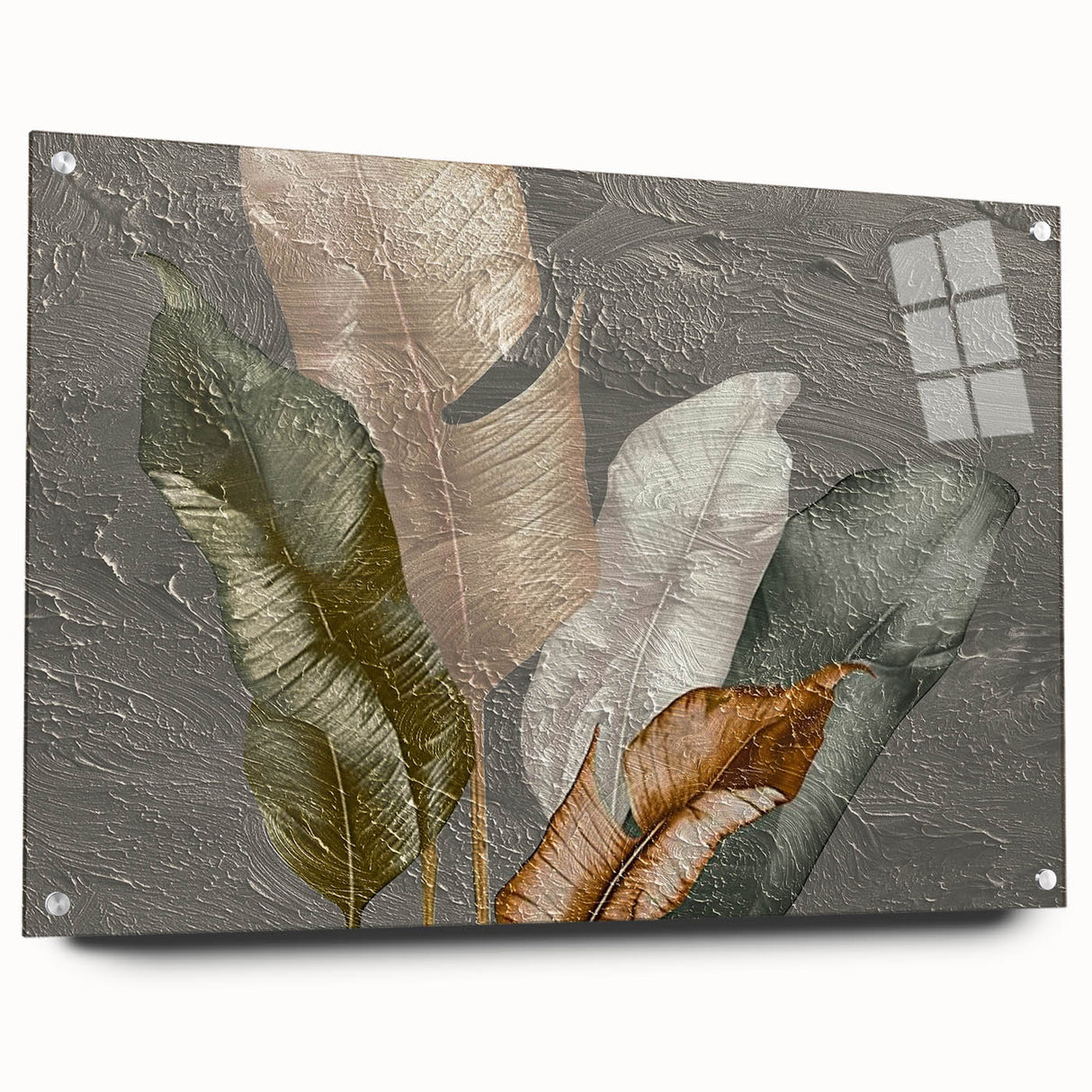Abstract wall art featuring dynamic strokes and lines in vibrant colors, displayed in an acrylic glass frame with visible mounting pins, adding a modern touch to any decor.