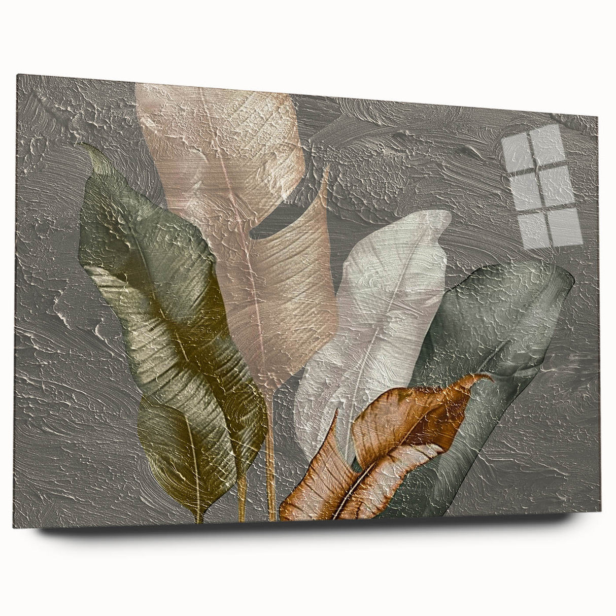 Abstract wall art design showcasing vibrant strokes and lines in a dynamic composition. The acrylic glass piece is displayed from the side, emphasizing its sleek finish and modern aesthetic, ideal for contemporary home decor.