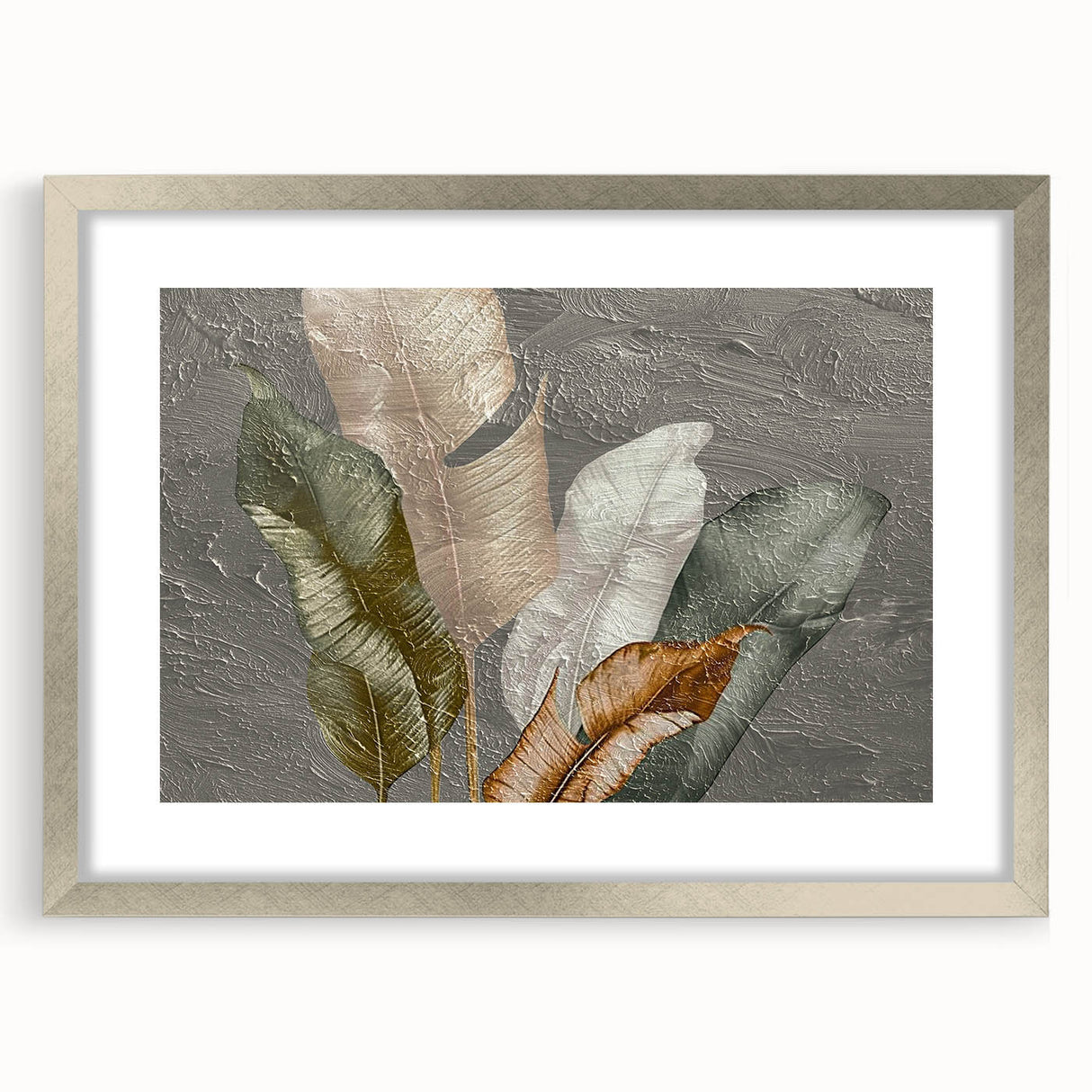 Abstract wall art featuring a modern design of colorful strokes and lines, framed in a silver mat. Perfect for contemporary home decor and enhancing interior aesthetics.