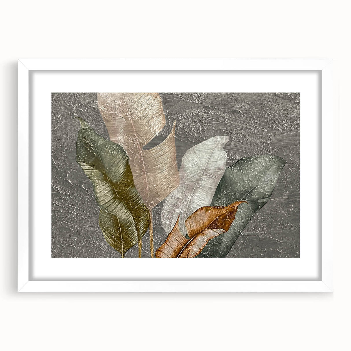 Abstract wall art featuring a modern design of colorful strokes and lines, framed in white with a mat, perfect for contemporary home decor.
