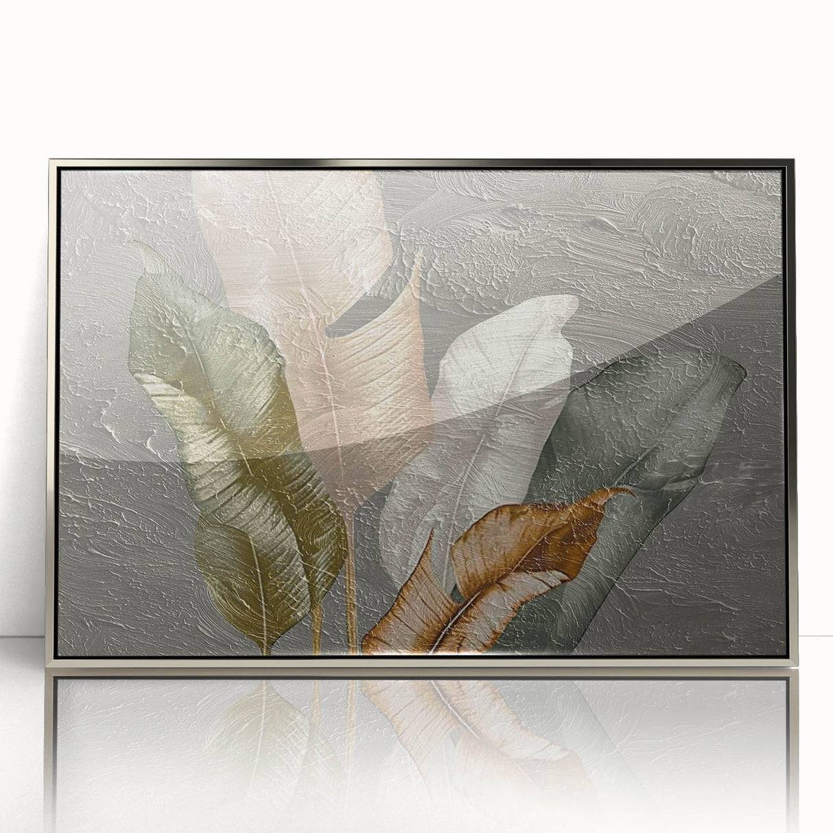 Framed wall art showcasing an abstract design with silver strokes and lines, perfect for modern decor. The piece features a sleek acrylic finish, enhancing its elegance.